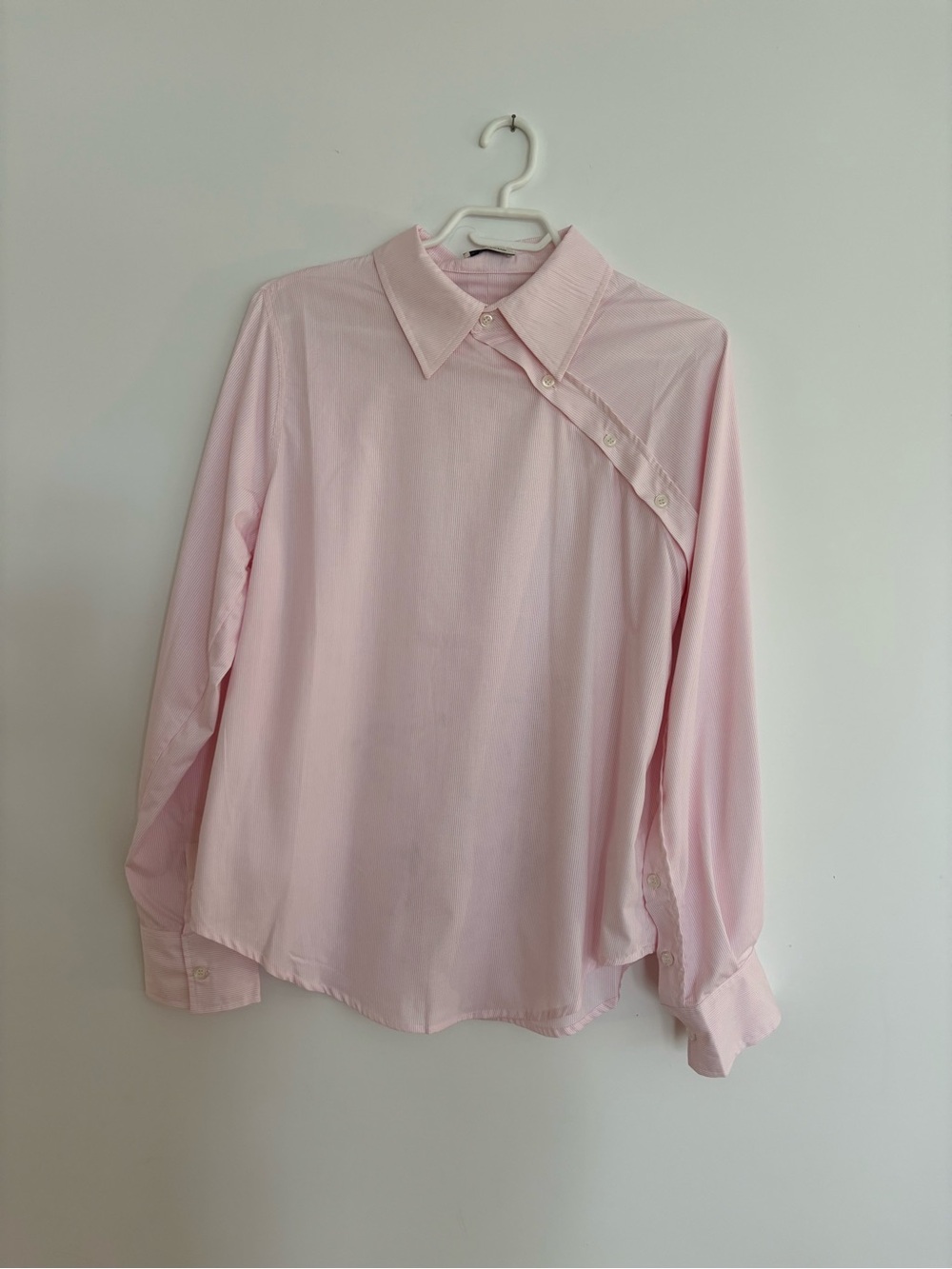 Asymmetric Button-Trim Light Pink Blouse